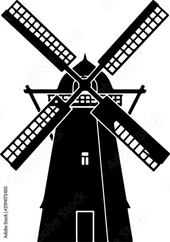 A bold black silhouette of a traditional Dutch windmill featuring four large rotating blades and a classic tower structure isolated on a clean white background for graphic design and creative projects