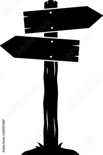A minimalist black silhouette of a wooden directional signpost featuring two blank arrows pointing in opposite directions isolated on a white background for navigation concepts and wayfinding design