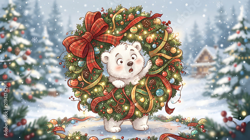 Funny white polar bear holding a Christmas wreath that is much too large for its body, surprised expression, tangled ribbons and ornaments, adorable humorous festive cartoon style, commercial stock 