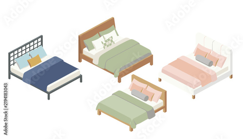 Collection of modern isometric beds in different styles and colors with comfortable pillows and blankets for bedroom furniture design.