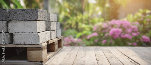 Panel kuchenny z motywem Stacked concrete blocks on wooden pallet outdoors.