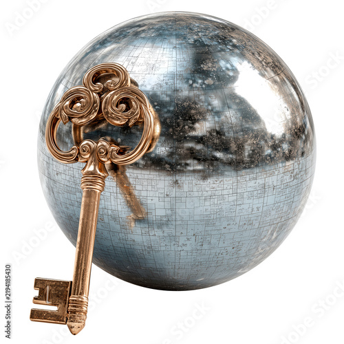 Antique brass key is absorbed into reflective metallic sphere, symbolizing concept of saving or bookmarking. sphere surface reflects map like pattern, adding sense of mystery, isolated