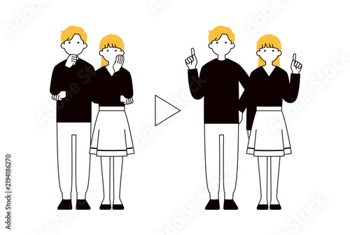 Naklejka 考える・閃く・提案する若い男女のシンプルな全身ベクターイラスト素材セット＿ビフォーアフター