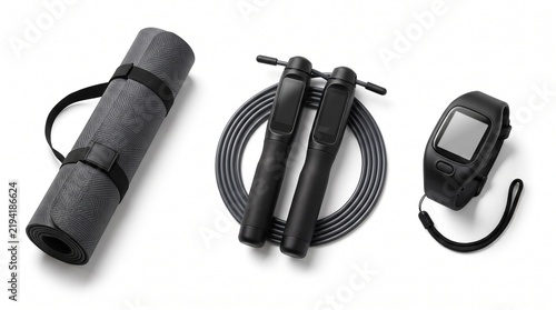 Modern fitness technology and wellness equipment including smart wearable devices and exercise accessories arranged on clean background for healthy active lifestyle