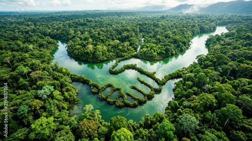 Breathtaking aerial view of a winding emerald green river seamlessly forming a natural handshake shape amidst a vast lush tropical rainforest canopy