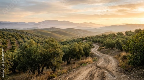 Breathtaking panoramic sunrise view over endless green olive groves and rolling hills with a winding dirt road leading through the serene tranquil
