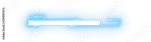 Obraz na płótnie Glowing blue loading bar with white progress indicator and loading text on a transparent background, showing a digital wait screen