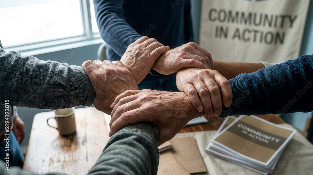 Fototapeta premium Group of people joining hands together in a circle to show unity and community support