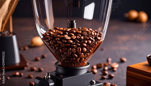 Coffee Beans Inside Clear Glass Hopper of Professional Electric Grinder