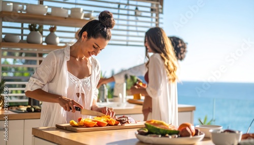 Young woman with top knot hair cutting tropical fruit in an outdoor kitchen with ocean view
