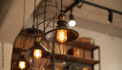 Industrial Vintage Pendant Lights with Edison Bulbs in a Cozy Cafe Interior