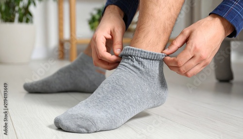Close-up of a person putting on gray cotton ankle socks