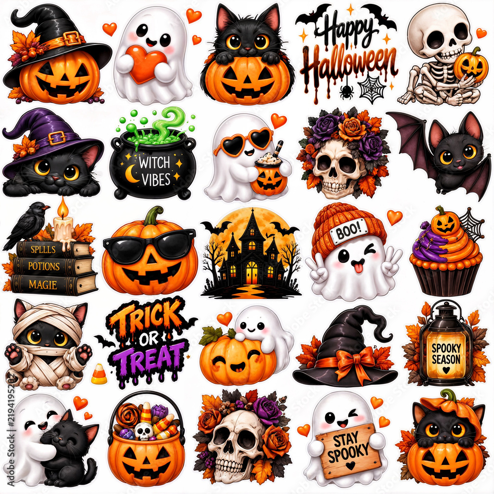 Fototapeta premium Cute Halloween Sticker Set with Pumpkins, Ghosts, Black Cats, Witches, Bats, Skulls and Spooky Characters 