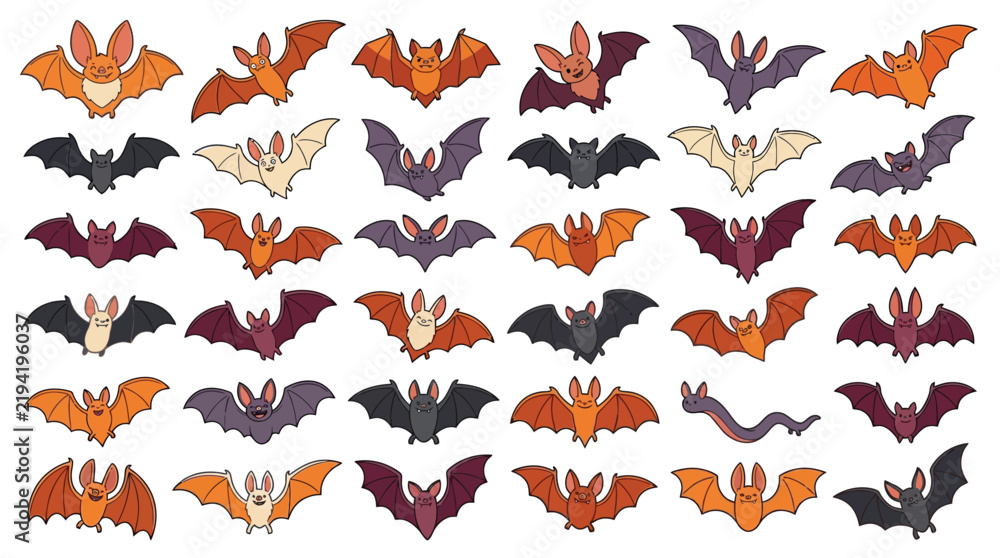Fototapeta premium Halloween bat vector set with 36 cartoon icons, flying bat silhouettes in orange and purple, spooky animal character collection for autumn decor