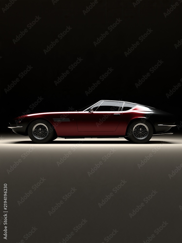 Fototapeta premium Classic vintage deep red grand tourer sports car in side profile on dark studio background showcasing elegant timeless automotive luxury design