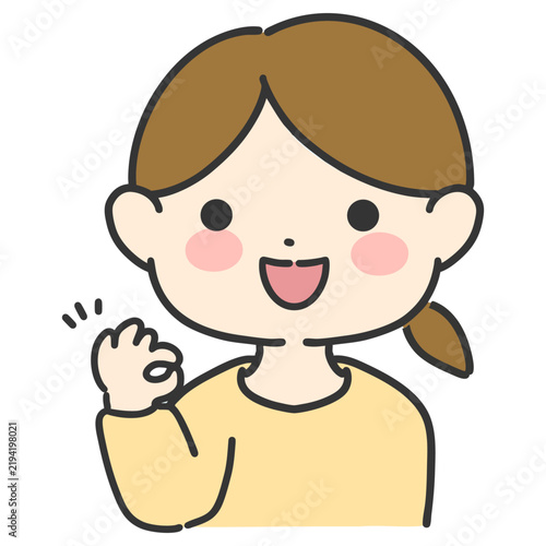 顔の横でOKマークをする女性の手描きベクターイラスト　シンプルな女性の表情アイコン