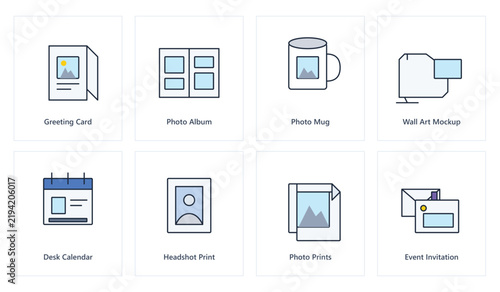Photo gift, mockup, and print product icon set – editable color vector symbols of mug, album, card, print, headshot and gift item