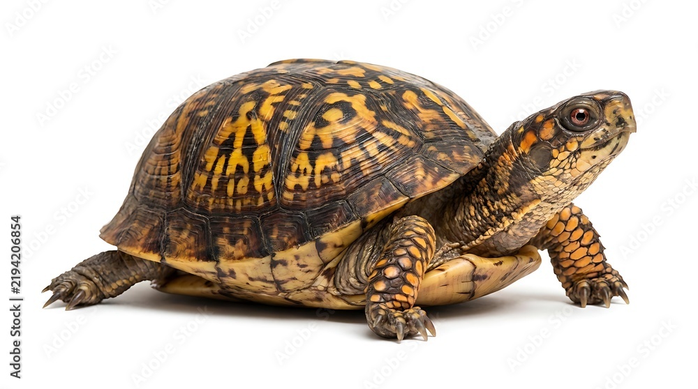 Fototapeta premium Eastern box turtle standing isolated on a plain white background 