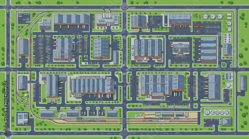 Aerial View of Urban Business Park with Office Buildings and Parking Lots