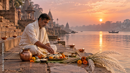 Traditional riverside ancestral offering ceremony with diyas flowers and sacred food during sunrise for pitru paksha and durga puja spiritual observance ritual