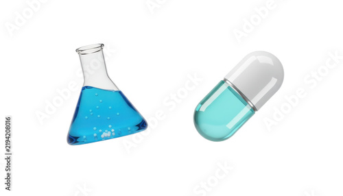 Chemical Flask and Medication Capsule with Blue Liquid