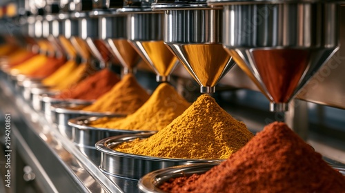 Industrial dispensers filling containers with colorful ground spices isolated on transparent background. Concept for food processing manufacturing and culinary commercial.