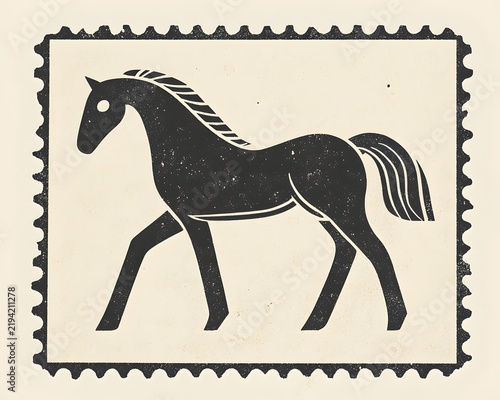 Vintage black horse silhouette walking on beige stamp background