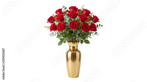 Elegant red roses in gold vase, luxury floral bouquet with eucalyptus leaves, romantic crimson rose arrangement for anniversary and wedding decor isolated PNG with Transparent Background