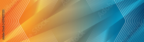 Orange and blue flowing arrows and lines abstract background. Glossy gradient bands create a clean dynamic technology design. Vector banner