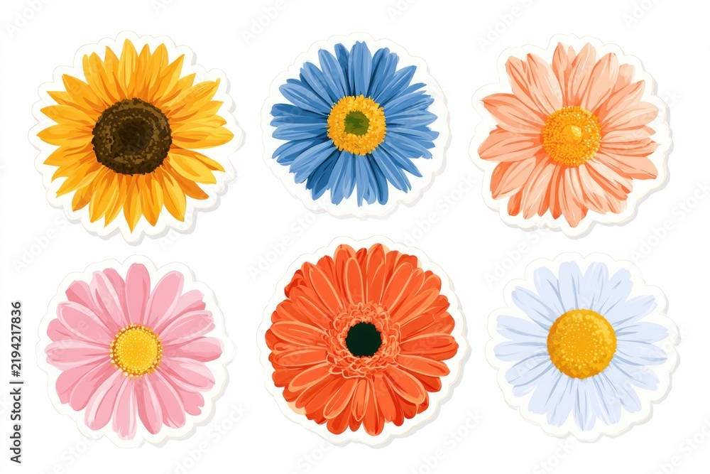 Obraz premium Six colorful flower illustrations featuring a sunflower, blue daisy, peach gerbera, pink daisy, orange gerbera, and white daisy on a white background.