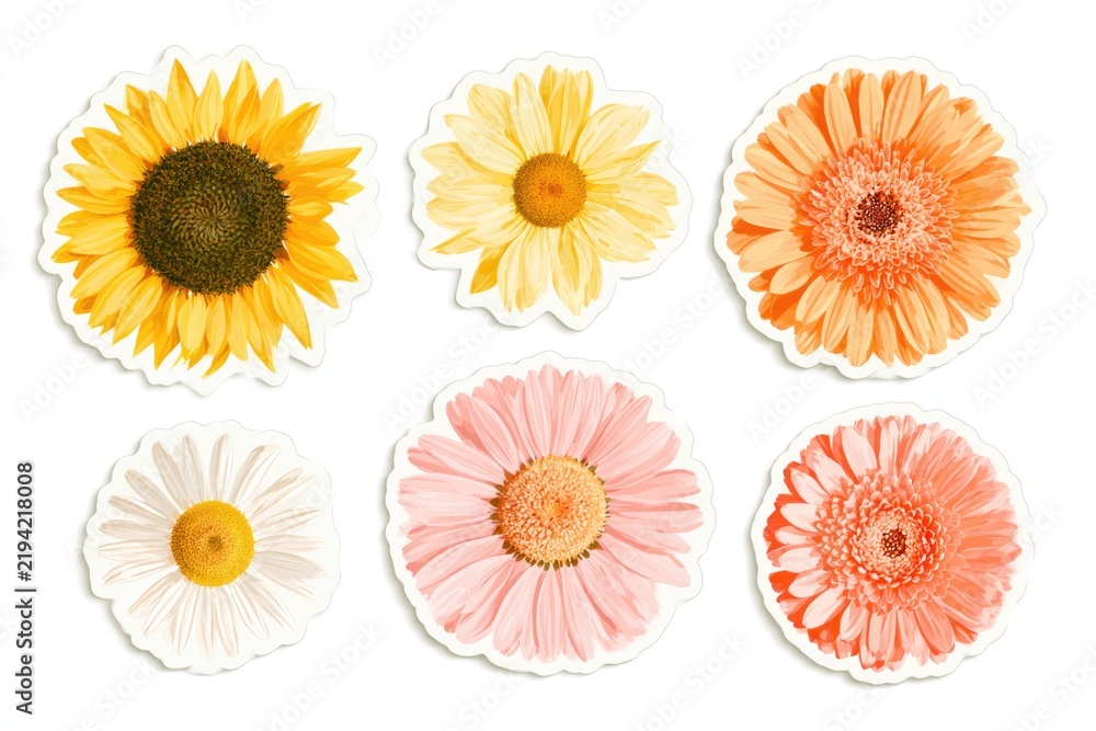 Obraz premium Six colorful flower illustrations with various petal shapes and colors, arranged in two rows on a white background.