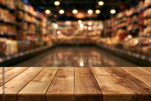 Wooden table surface with blurred background of a brightly lit grocery store aisle filled with various products on shelves.