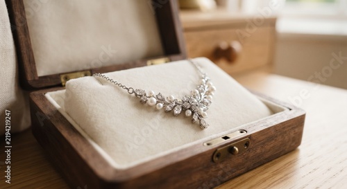 Elegant wedding diamond and pearl necklace displayed inside a vintage wooden jewelry box with soft white velvet lining.