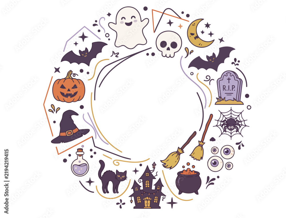 Fototapeta premium Spooky Halloween round frame with cute symbols of bats, ghost, pumpkin and spooky elements