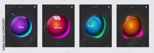 Dark Futuristic Abstract 3D Sphere Poster Template Set with Glowing Neon Auras and Fluid Shapes for Modern Event Covers