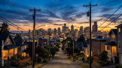 Seattle Skyline at Dusk: Residential Street View with Cityscape Background