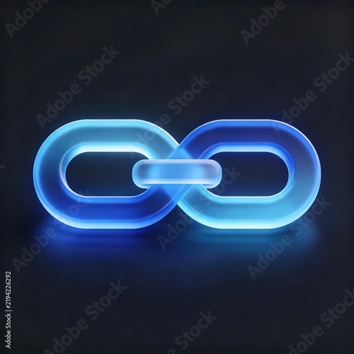 Glowing translucent blue 3d infinite chain link icon on dark black background concept for blockchain hyperlink connection and network technology