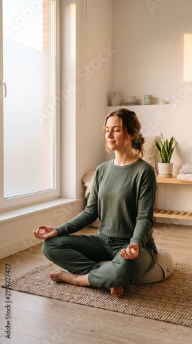 Woman meditating quietly beside a sunlit window at home