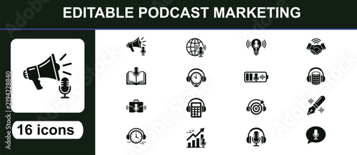 Editable Podcast Marketing Business Icon Set