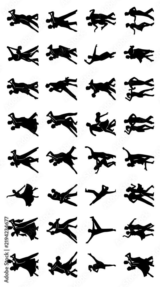 Fototapeta premium Dancers set with dynamic poses featuring silhouette figures, movement, balance, and grace with black and white design
