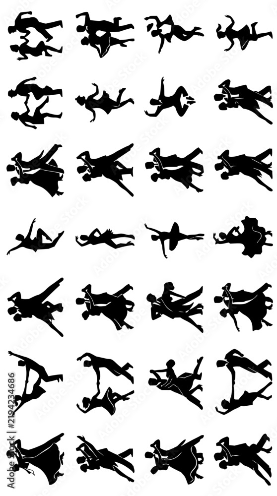 Fototapeta premium Dancers set with silhouette figures featuring ballroom, tango, waltz with movement and poses