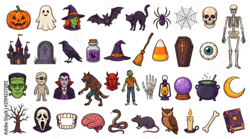 Collection of various pixel art halloween icons and spooky characters isolated on transparent background
