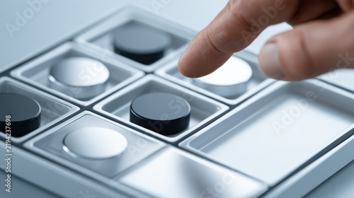 A close-up shot of a finger pressing a button on a grid of buttons. The buttons are in a white grid with alternating black and silver circles
