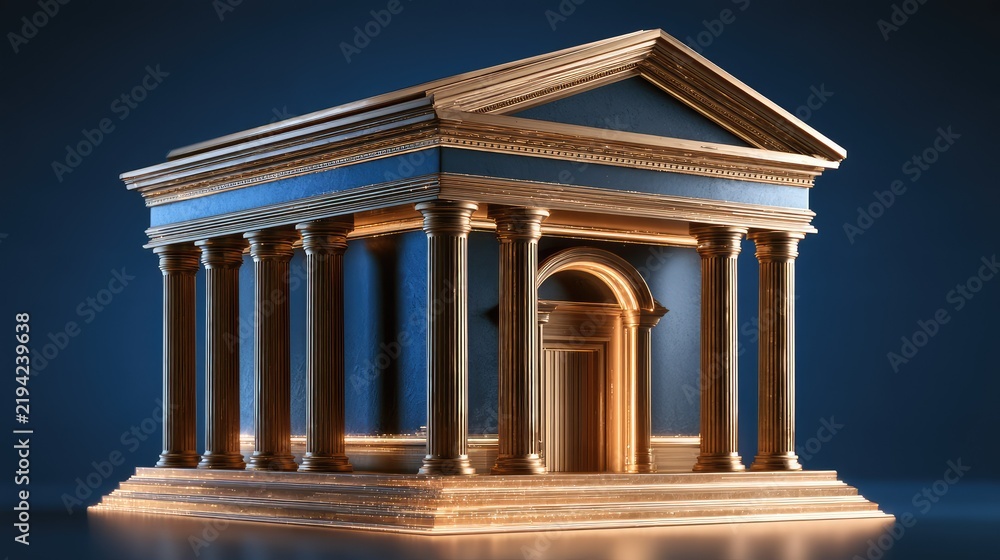 Obraz premium Detailed 3D Model of a Classic Greek Temple with Colonnades and Intricate Design in Gold and Blue Tones