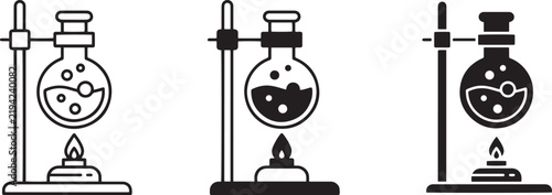 Chemistry Lab Icons: Flasks heated on Bunsen burners, science experiment vectors