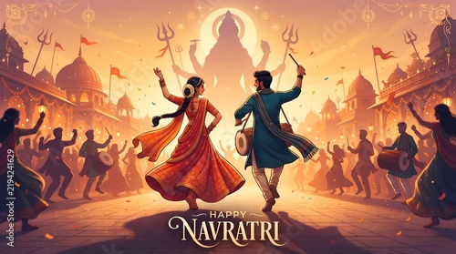 Vibrant festive poster of a Navratri celebration seen from behind