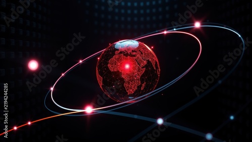 Digital globe surrounded by glowing orbital lines. Dark background features matrix style dots. Futuristic concept, technology focus.