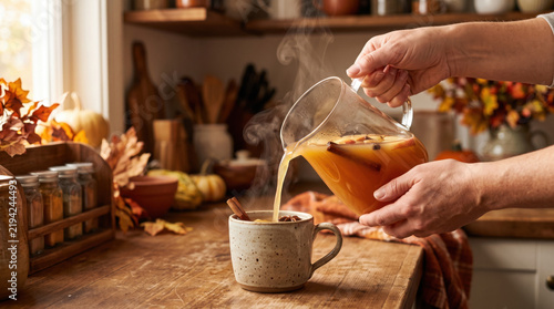 Pouring steaming hot apple cider from a glass pitcher into a ceramic mug in a rustic autumn kitchen
