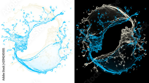 Dynamic water splash circle, blue liquid crown explosion on white and black backgrounds, refreshing mineral water swirl for beverage advertising