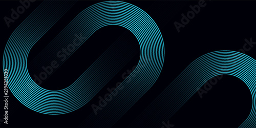 Abstract dark background featuring glowing cyan parallel curved lines, neon loop circuit tracks, and futuristic technology presentation banner.